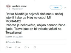Funkcionerka DS Gordana Čomić smatra da bi bilo lepo da se Ratko Mladić obesi na Terazijama