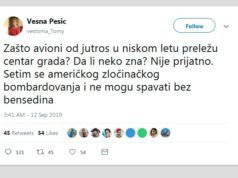 Vesnu Pešić uznemiravaju avioni koji preleću Beograd jer je podsećaju na zločinačko američko bombardovanje!